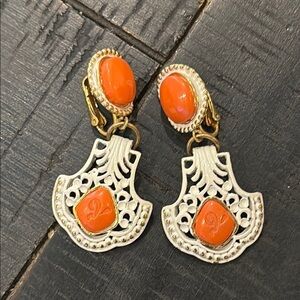 Vintage Victorian Cosplay Enamel Carved Orange Clip-On Earrings Dangle​